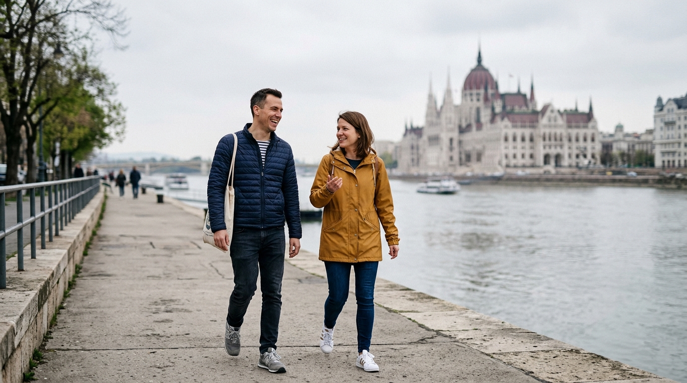 Két harmincas barát beszélget séta közben a budapesti Duna-parton borongós tavaszi reggelen